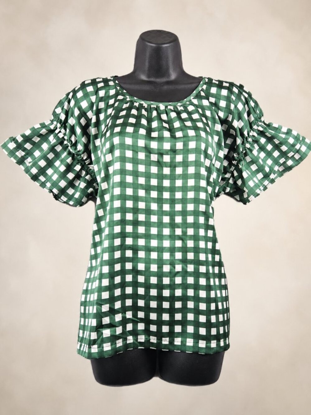 Ann Taylor L Green Gingham Blouse Ruffle Sleeve Coquette Old Money Satin Top